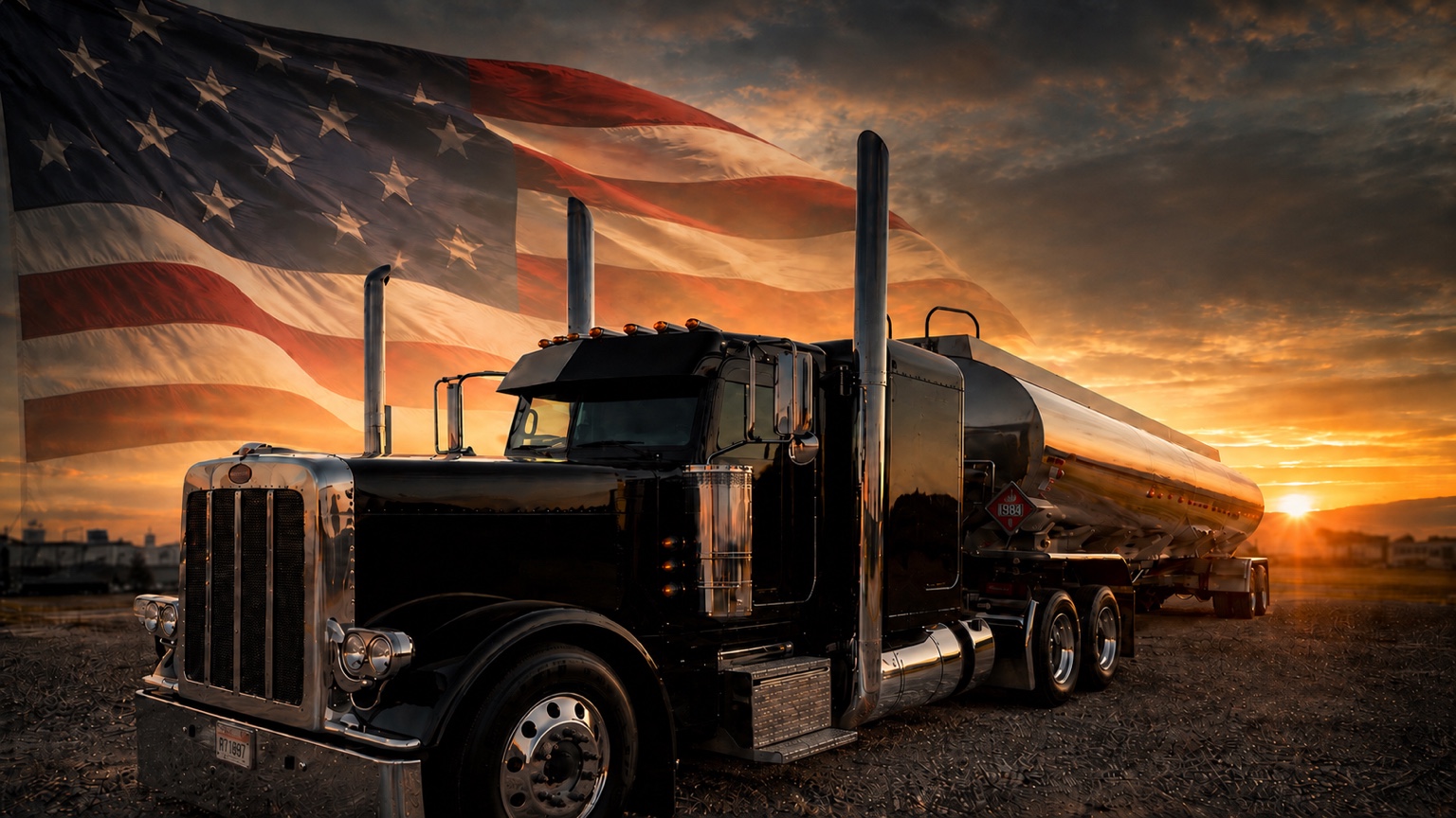 Pacific West Coast style fuel tanker on the road at sunset