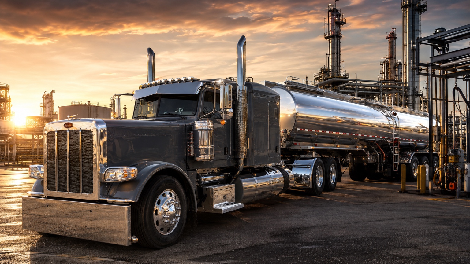 Pacific West Coast fuel tanker truck with American flag at sunset