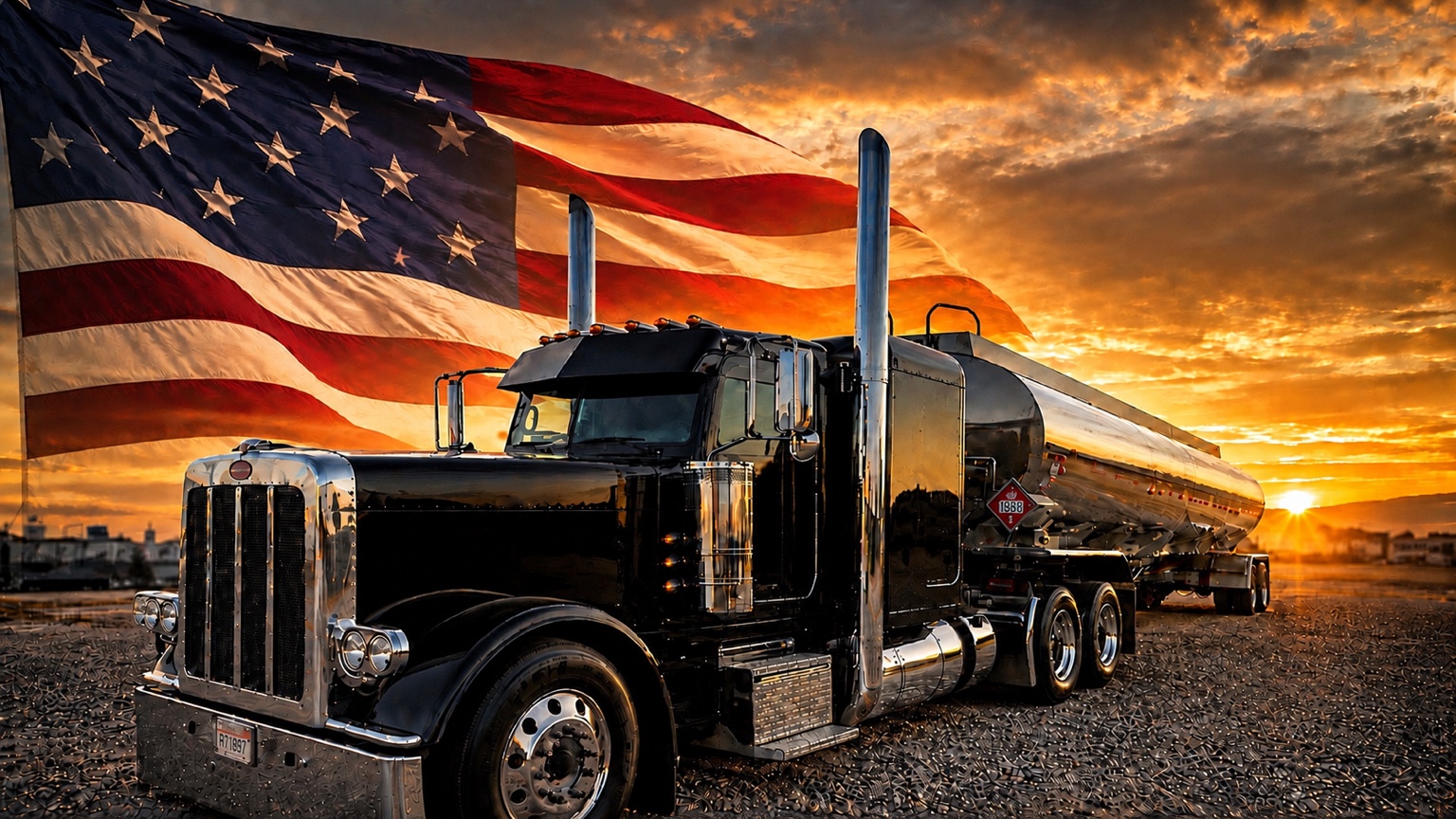 Pacific West Coast fuel tanker truck with American flag at sunset